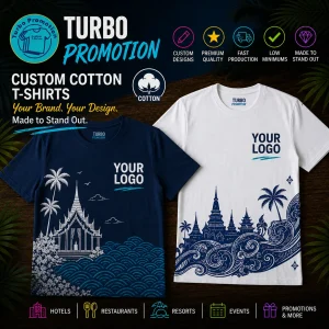 Custom DryFit all-over print T-shirts in Thailand featuring colourful elephant and tropical designs for businesses, teams, resorts and events.