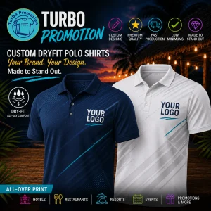 Custom navy and white dry-fit polo shirts with conservative all-over print designs and custom logo placement for business uniforms, hotels, restaurants, resorts and events.