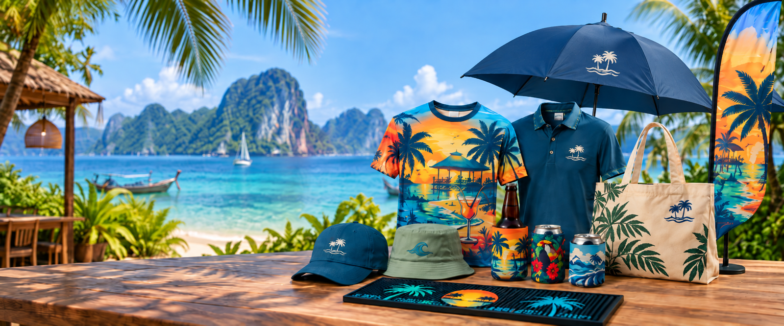Custom promotional products in Thailand including T-shirt, polo shirt, tote bag, caps, umbrella, beach flag, koozies and bar mat